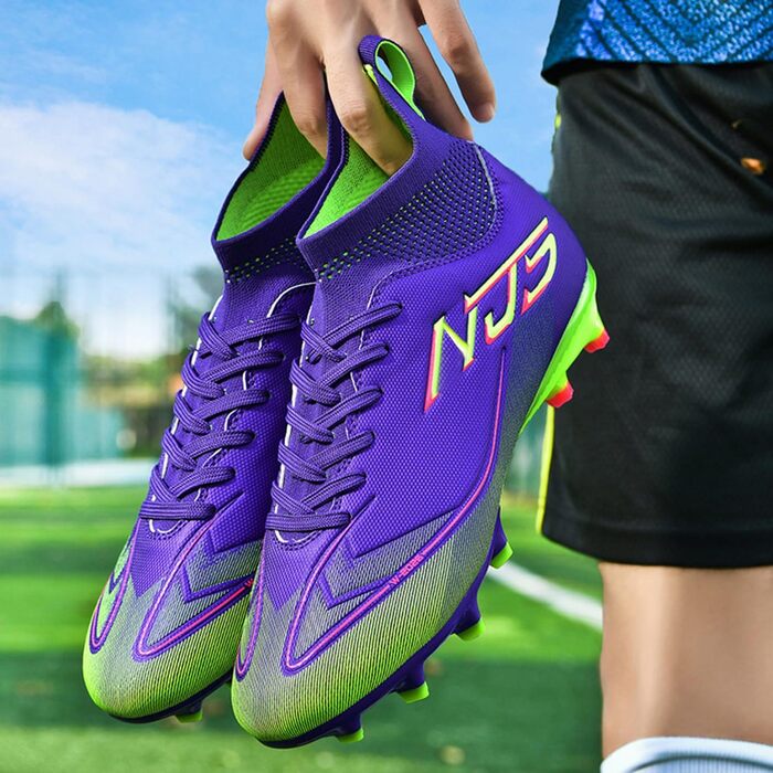 Чоловічі футбольні бутси для юніорів, бутси для тренувань High Top з шипами, професійні футбольні бутси для змагань, Outdoor спортивне взуття, Kunstrasen, унісекс (фіолетовий, 38 EU)