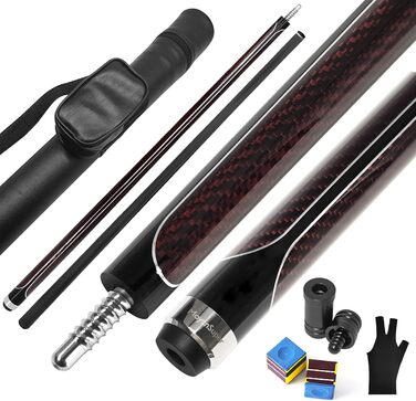 Професійний більярдний кий Billardqueue з карбону, низький кут відхилення, з кейсом та аксесуарами, 12.5 мм наконечник, 147.3 см, 567-595 г