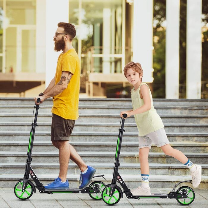 Самокат трюковий GYMAX, регульована висота, складний, 200 мм колеса, подвійна підвіска, дзвінок та ремінь, до 100 кг, для дітей та дорослих (зелений)