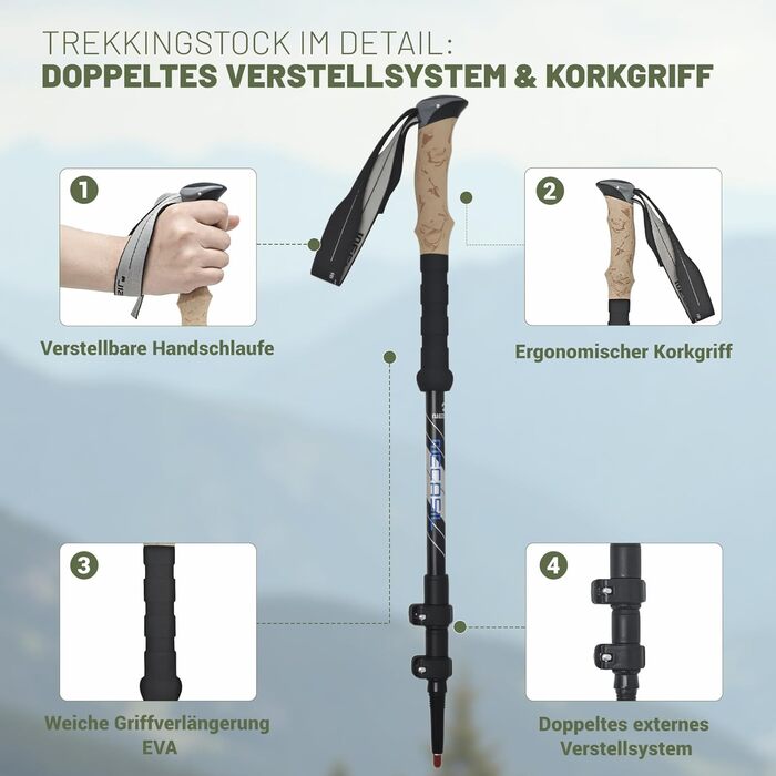 Жінські та чоловічі палиці для скандинавської ходьби, 2 шт. Телескопічні палиці для ходьби та трекінгу з алюмінію з гумовими амортизаторами (ергономічна ручка, чорний колір)