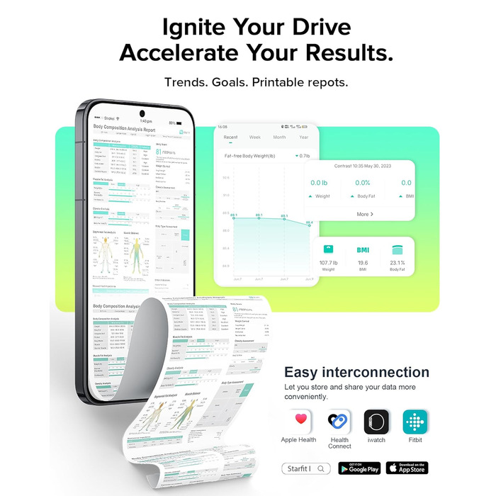 Вага RunSTAR для вимірювання жиру в тілі, персональна вага з 8 електродами, вимірювання ваги, жиру, BMI, м'язової маси та 28 параметрів тіла, додаток, 3 показники, 180 кг, чорний колір