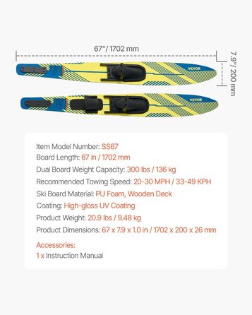 Набір для водних лиж VEVOR Unisex для дорослих (1702 x 200 x 26 мм, жовтий+синій)