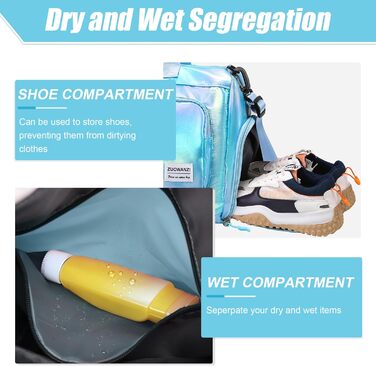Спортивна сумка Tokeya для жінок з відділенням для взуття та мокрих речей, водонепроникна, блискуча, легка, складна, сумка-мішок для спорту, фітнесу, тренувань, подорожей (Блакитна)