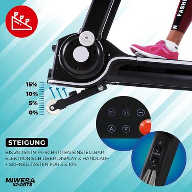 Електрична бігова доріжка Miweba Sports HT3000, 3,5 к.с., 16 км/год, нахил до 15%, навантаження 120 кг, з додатком, складана, велика бігова поверхня, 12 програм, для дому
