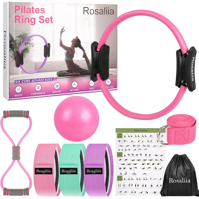 Набір для пілатесу: кільце, фітнес-гумка для стегон, стрічка для розтяжки, фітнес-постер (рожевий)
