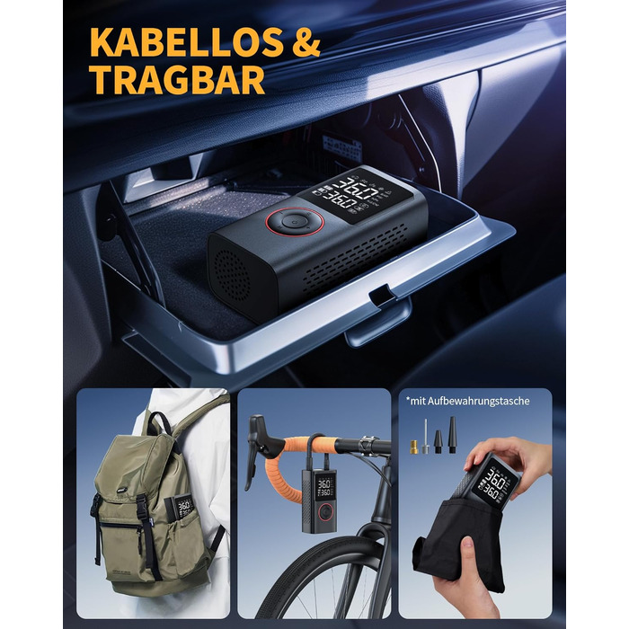 Бездротова електрична повітряна помпа Powools 150PSI з LED-ліхтариком та автостопом, акумуляторна помпа для велосипеда, електровелосипеда, авто, мотоцикла, м'ячів, чорна