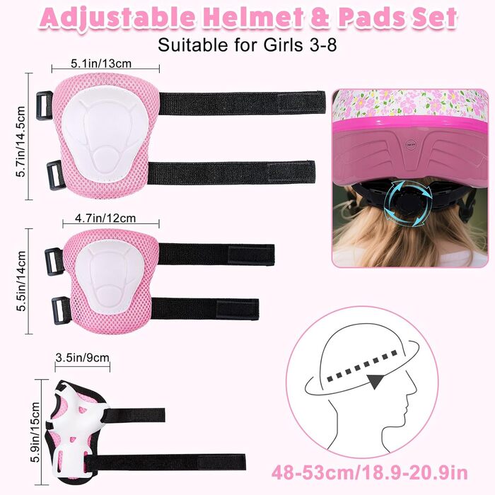 Дитячий шолом та набір захисту (3-8 років), рожевий, з LED-ліхтариками, для велосипеда та скейтборда