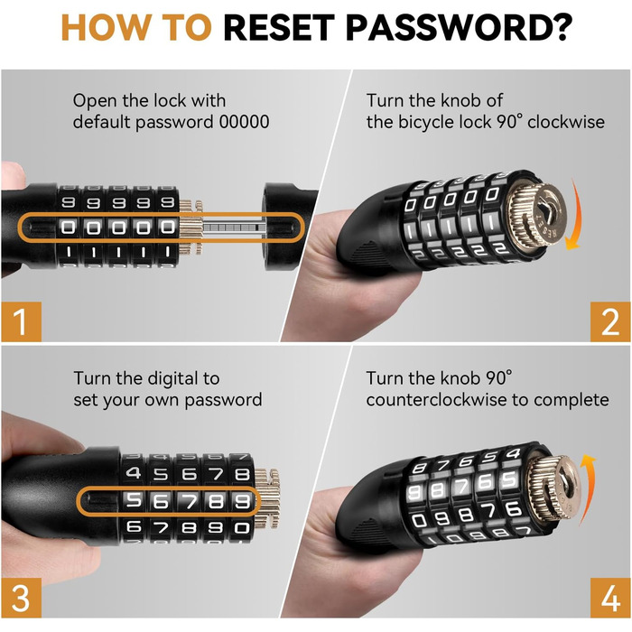 Замки для велосипедів: надійний велозамок з кодовим замком, 90 см, рівень безпеки 8, 5-значний код, для велосипеда, мотоцикла, ролера, дверей (чорний та жовтий)