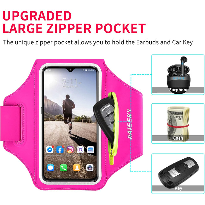 Спортивний браслет Haissky з кишенькою для навушників. Сумісний з iPhone, Huawei, Xiaomi, Galaxy. Сірий/Рожевий (до 6.9 дюймів)