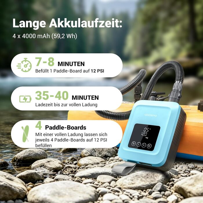 Насос електричний CooSpo для SUP-дошок та каяків 20 PSI з акумулятором (темно-синій)