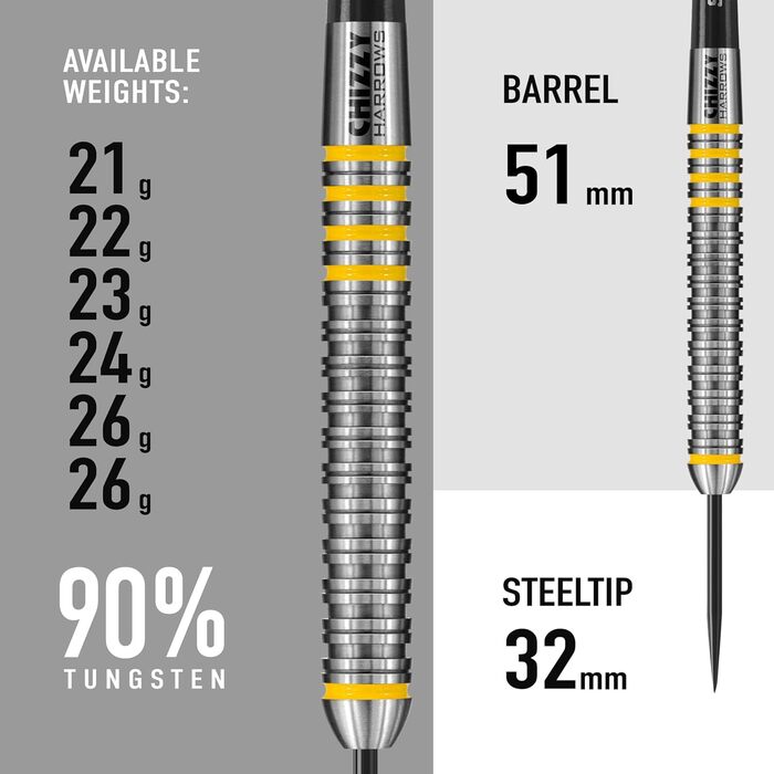 Дротики Harrows Dave Chisnall Chizzy 80% вольфрамові з сталевим вістрям 21г, 22г, 23г, 24г, з чорними Supergrip Midi хвостовиками, Prime оперенням і кейсом для транспортування