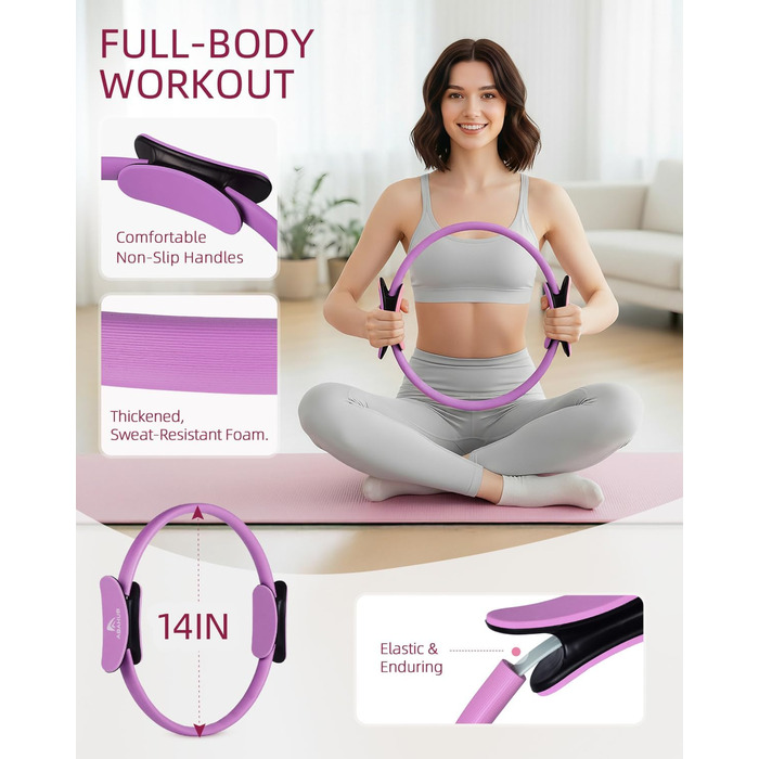 Набір для пілатесу Abahub: кільце 35см, м'яч 25см, 5 еластичних стрічок, шкарпетки для йоги, ковзаючі диски. Для жінок, домашні тренування, сила, гнучкість, стабільність та підтяжка тіла (фіолетовий)