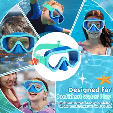 Дитячі маски для снорклінгу Vvinca з тканинним ремінцем, маски для плавання для дітей 3-14 років, хлопчиків та дівчаток, маска для дайвінгу 180° панорамний анти-затоплення (2-блакитний+зелений)