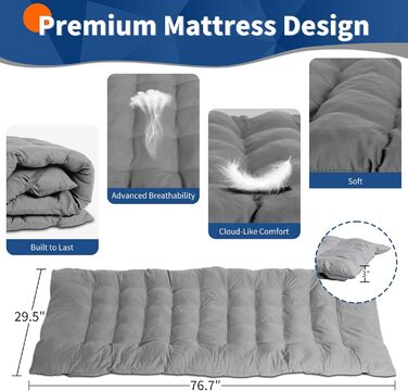 Розкладне ліжко LEADZM для кемпінгу з матрацом, 190x71x36 см, сталевий каркас, сірий