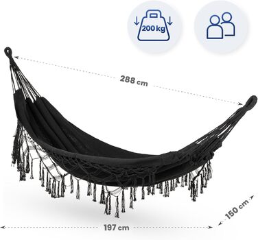 Гамак подвійний 200x150 см, бавовна, до 200 кг, Boho стиль, для саду, балкону, тераси, чорний
