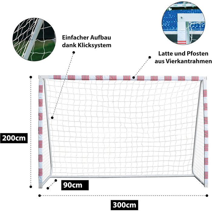 Футбольні ворота Sandora Volley XL 300x200x90 см або L 300x160x90 см Ron-Robert Zieler Edition червоно-білі, для дітей і підлітків, для гри на вулиці