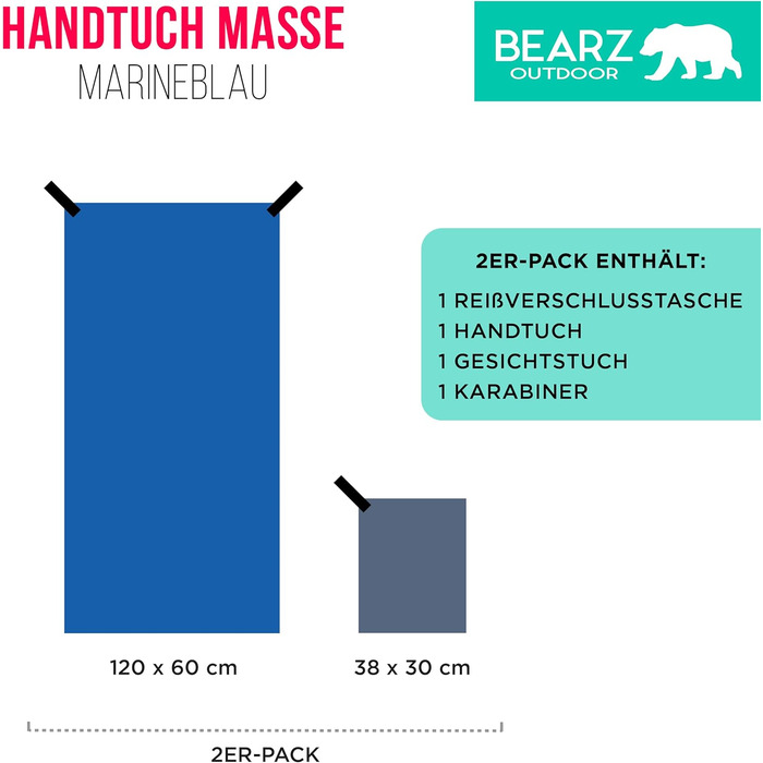 Набір рушників BEARZ Outdoor з мікрофібри (120x60см + рушник для обличчя) - легкі, швидковисихаючі рушники для пляжу, подорожей, спорту та кемпінгу, блакитно-темно-синій
