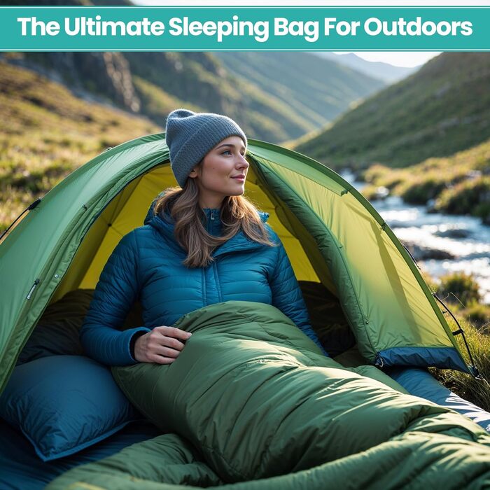 Спальний мішок Mumienschlafsack для дорослих - легкий, компактний, водонепроникний, з капюшоном, 220x85 см, теплий, придатний для прання, для кемпінгу, трекінгу, подорожей, зелений