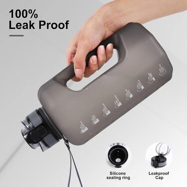 Спортивна пляшка для води GEMFUL 2.2L з ручкою та позначками часу - ідеальна для фітнесу та повсякденного використання (Сірий)