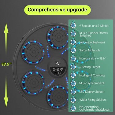 Електронний боксерський тренажер LeuKoles 2025 з Bluetooth, LED підсвіткою, музикою, боксерськими рукавичками, для настінного монтажу, 9 режимів швидкості та підрахунок ударів