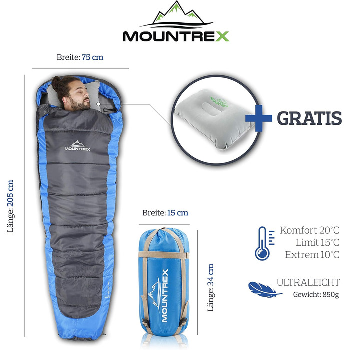 Сплячий мішок MOUNTREX® – ультралегкий та компактний (850г) – для відпочинку на природі, літній спальний мішок, мумієвидний (205x75см) – мале пакування та легкість – для підлітків та дорослих + подарунок: туристична подушка, зелений (блакитний/сірий)