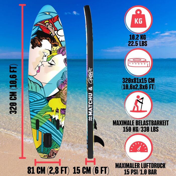 Надувне SUP Board MATCHU Limited Edition з сертифікатом та комплектом. Розмір 320x81x15 см, вантажопідйомність 150 кг, Art Collection (BustArt Collection)