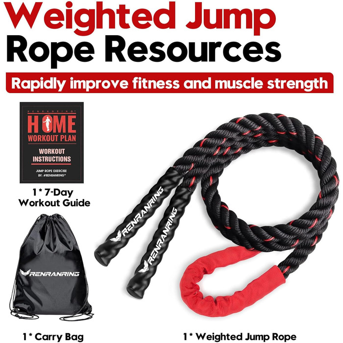 Скакалка з обтяженням для фітнесу - 2,3/2,56/3 кг, 9,8 футів, для жінок та чоловіків, для тренувань у залі та вдома, з планом тренувань