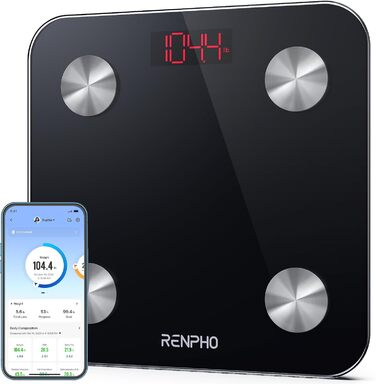 Ваги RENPHO: цифрові ваги для тіла з Bluetooth, аналіз складу тіла (жир, м'язи, BMI, вода), максимальне навантаження 180 кг, чорний
