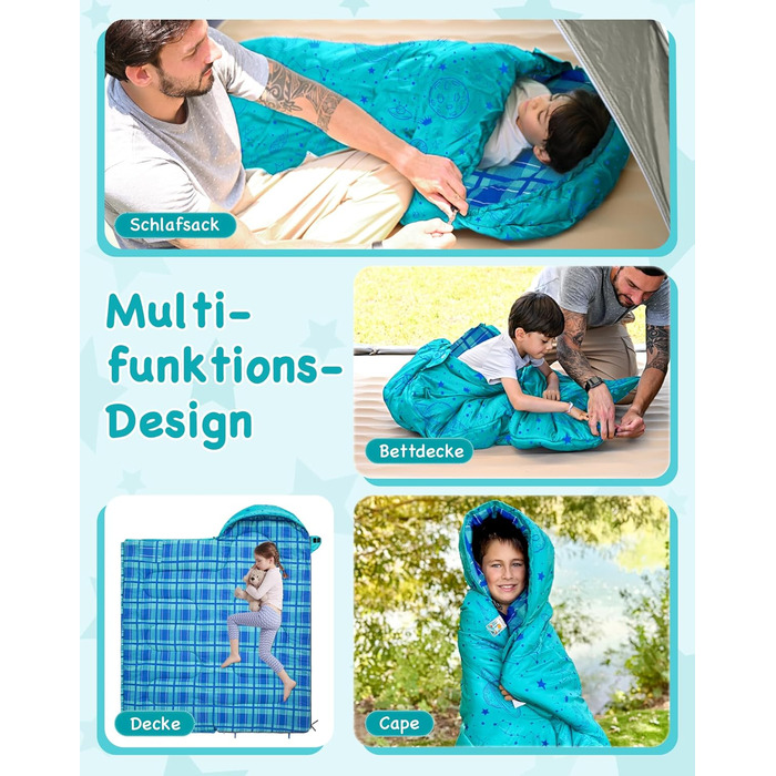Сплячий мішок KingCamp для дітей, фланелевий, легкий, водонепроникний, компактний, зимовий, 4 сезони, для кемпінгу, підходить для дітей до 140 см, комфортна температура: 7°C, регульована довжина