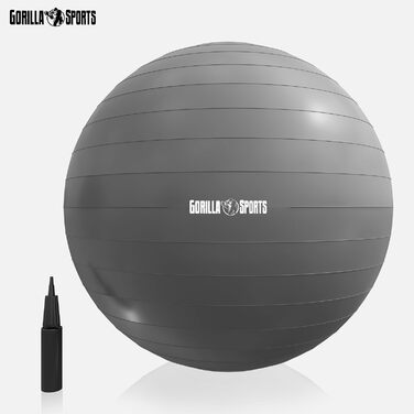 Фітнес м'яч GORILLA SPORTS 75 см, анти-вибуховий, до 500 кг, з насосом, для йоги, офісу, тренувань, сірий