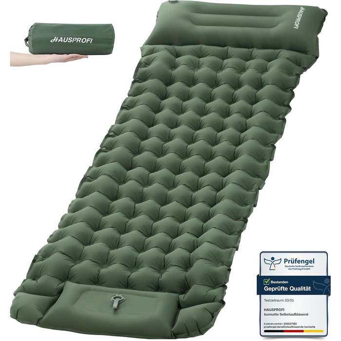 Килимок туристичний самонадувний HAUSPROFI, Ultraleicht, для кемпінгу, з помпою та подушкою, армійний камуфляж