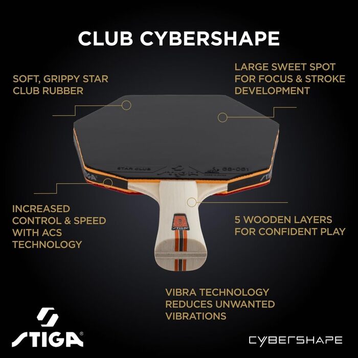 Стіга Клуб Сайбершейп - пінг-понгова ракетка для початківців, 5-шарове дерево, накладка Star Club, велика зона удару, найкраще технічне навчання з самого початку