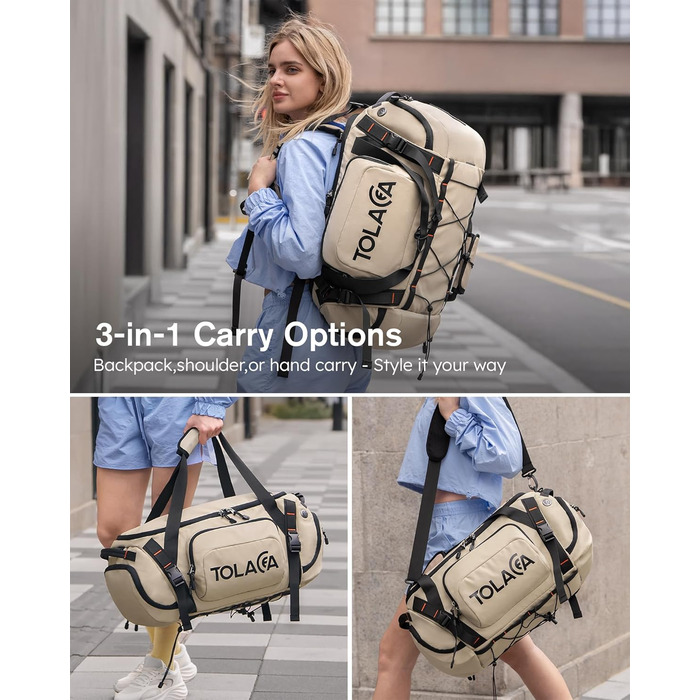 Спортивна сумка-рюкзак Tolaccea для чоловіків та жінок – велика дорожня сумка з відділенням для взуття, мокрою одежі та ноутбука (15,6'') – водонепроникна сумка-мішок для відпочинку, фітнесу, спорту та подорожей (Хакі, 40л)