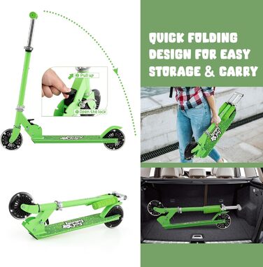 Дитячий самокат Kinder Scooter з LED колесами, алюмінієвий, складаний, регульована висота (до 50 кг), зелений