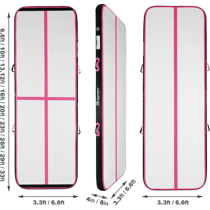 FBSPORT Airtrack Matte -Гімнастичний надувний мат, 600x100x20 см, чорний/рожевий