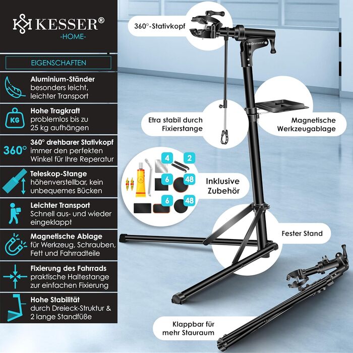 Підставка для збирання велосипедів KESSER® Profi Alu: міцна, 360° обертання, для гірських та електровелосипедів, з сумкою та набором для ремонту