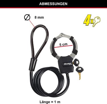 Тросовий замок Master Lock з ключем, 1 м, для самоката, велосипеда, дитячого візка, спортивного інвентарю, чорний