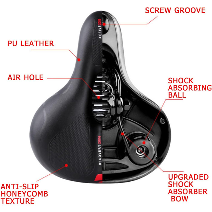 Зручний велосипедний сідло StreeHerjjkeA1 Cityradsättel з Memory Foam, водонепроникний, червоний світловідбиваючий елемент, для гібридних велосипедів, унісекс, чорний