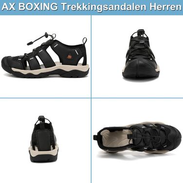 Чоловічі сандалі AX BOXING для трекінгу та спорту, літні, на липучках, дихаючі, чорні, розмір 44 EU