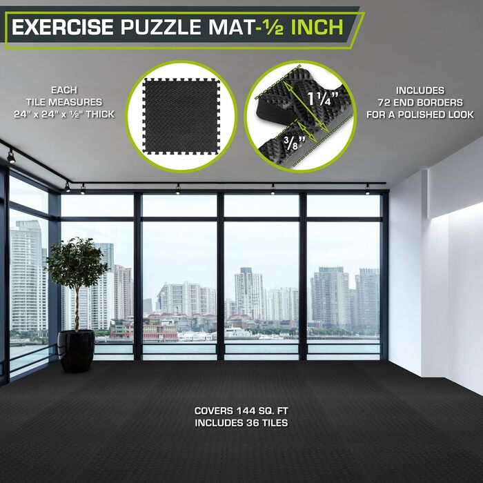 Підлогове покриття ProsourceFit Puzzle ½ дюйма, EVA-піна, з'єднувальні килимки для домашнього спортзалу та тренувань, мати для обладнання, підкладка для дітей, чорний, 60х60 см, 144 кв.фути, 36 плиток