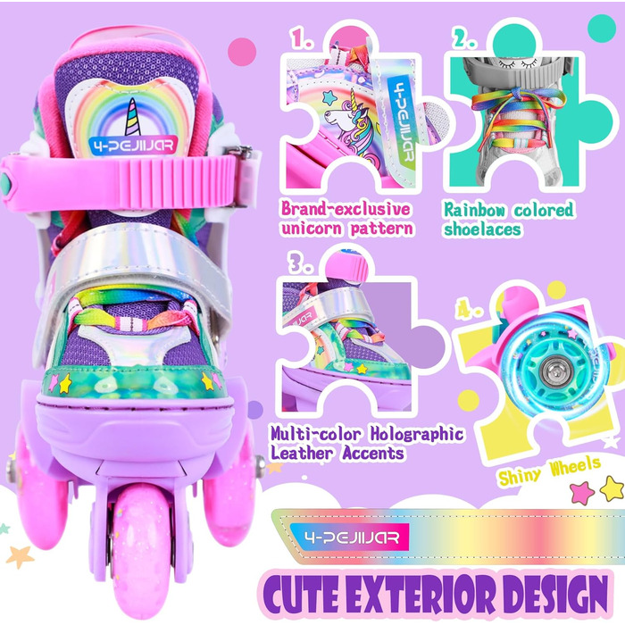 Дитячі ролики Kinder Einhorn для дівчаток, 3-6 років, з підсвічуванням, регульовані, 4 колеса, для початківців, фіолетові