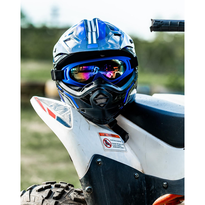 Дитячий мотоциклетний шолом ILM Motocross з окулярами та рукавичками, ECE сертифікований (S, Синій/Срібний)