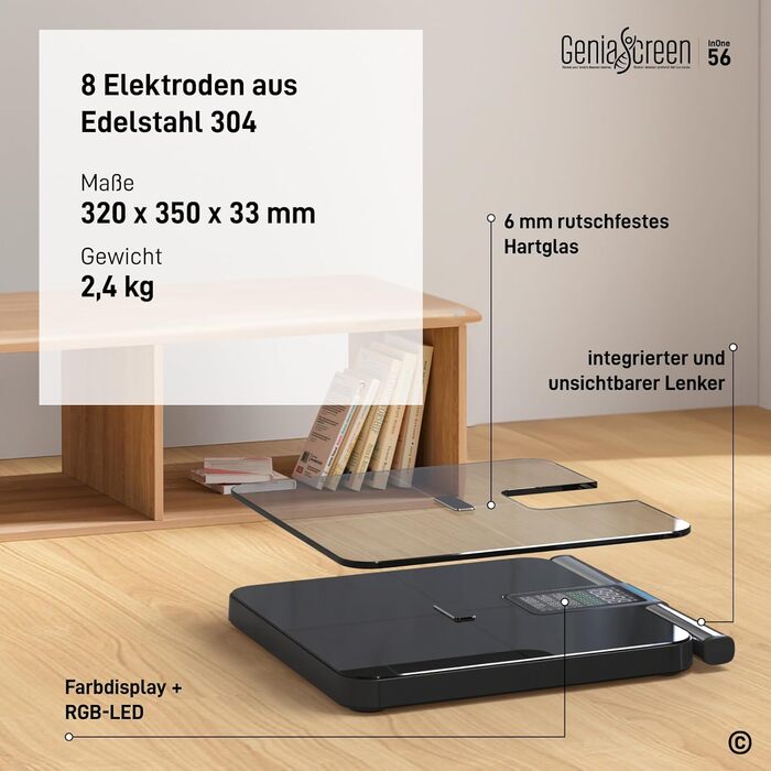 Вага для вимірювання жиру в тілі GeniaScreen InOne: цифрова персональна вага з Bluetooth, 56 показників, LED-дисплей, 180 кг