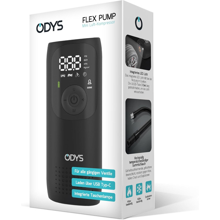 ODYS FlexPump акумуляторний портативний електричний компресор-насос для авто, мотоцикла, велосипеда, самоката, м'ячів (0-10 Бар, 0-150 PSI, 2000 мАг, зарядка USB-C, цифровий дисплей, LED-підсвітка)