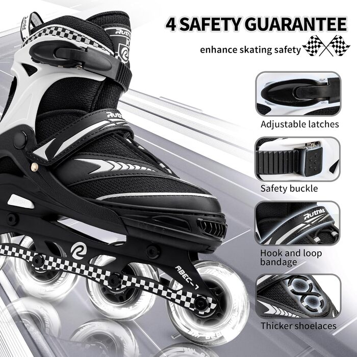 Регульовані ролики для дітей (хлопчиків та дівчаток), світні ролики 6-12 років, ролики для жінок та чоловіків, чорний колір, розмір L (37.5-41)