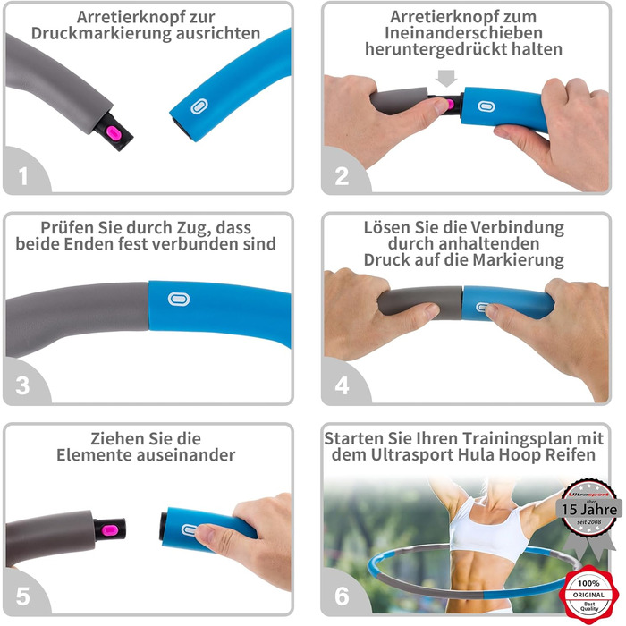 Ultrasport обруч Hula Hoop для тренування спини та пресу, 6 сегментів, м'який пінистий матеріал, зменшена кількість виступів, для початківців та досвідчених, синій/сірий