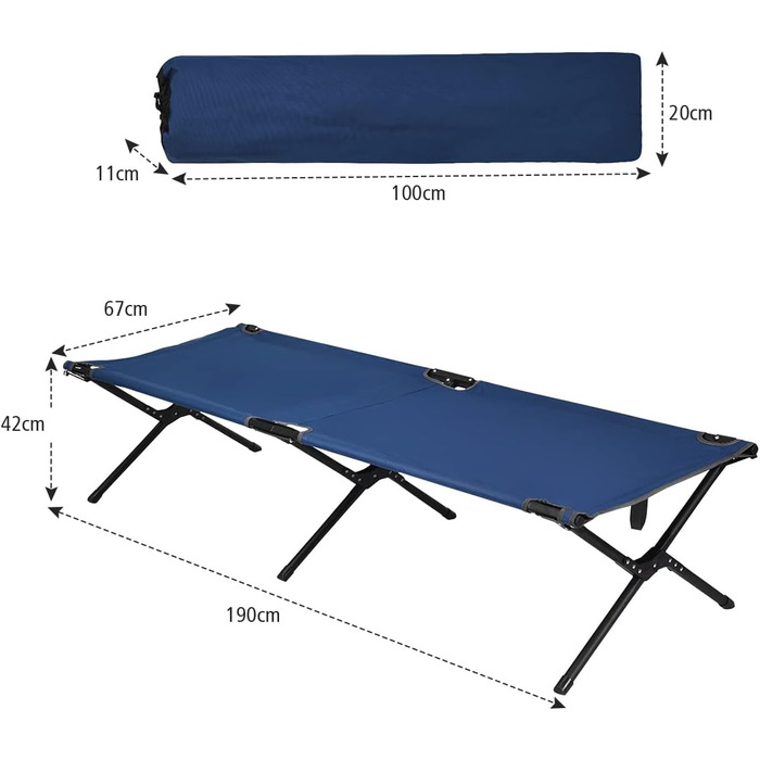 Кемпінгове ліжко Costway з металевим каркасом, складне, військового типу, одинарне, для кемпінгу та подорожей, 190 x 67 x 42 см (блакитне)
