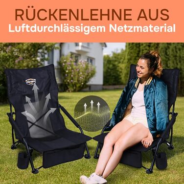 Крісло для кемпінгу Fuchs Camper Strandstuhl – розкладне, з високою спинкою та сіткою, з підстаканником та кишенею, чорне, вантажопідйомність 150 кг