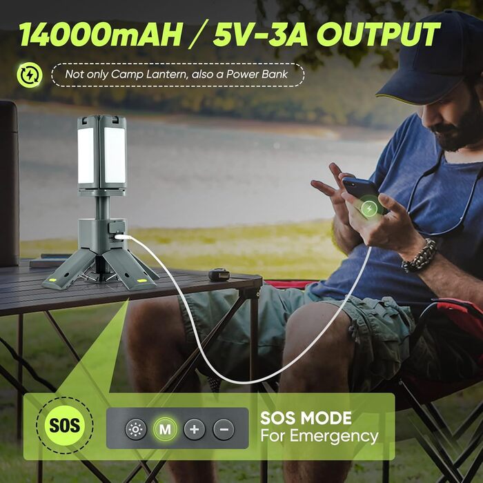 Ліхтар кемпінговий SakerPlus телескопічний, 14000mAh, з power bank, магнітний, 6000 люмен, сірий