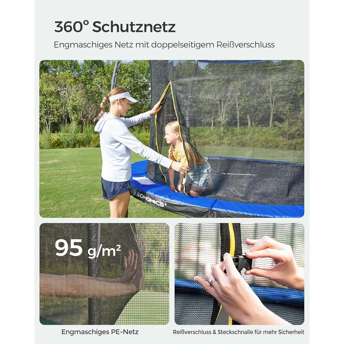 Батут SONGMICS Outdoor Ø 244/305/366/427 см, круглий, для саду, з сіткою безпеки, захисним бордюром, сходами та м'якими стійками, чорно-синій